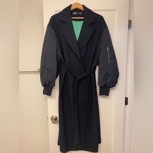 ZARA bomber coat, navy outside with bright green lining, size XL